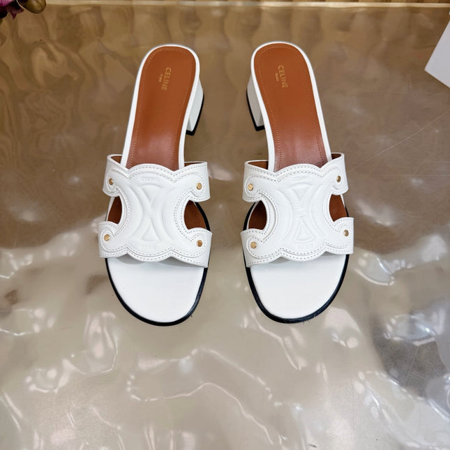 CELINE 26S TRIOMPHE BLOCK HEEL MULES IN WHITE CALFSKIN
