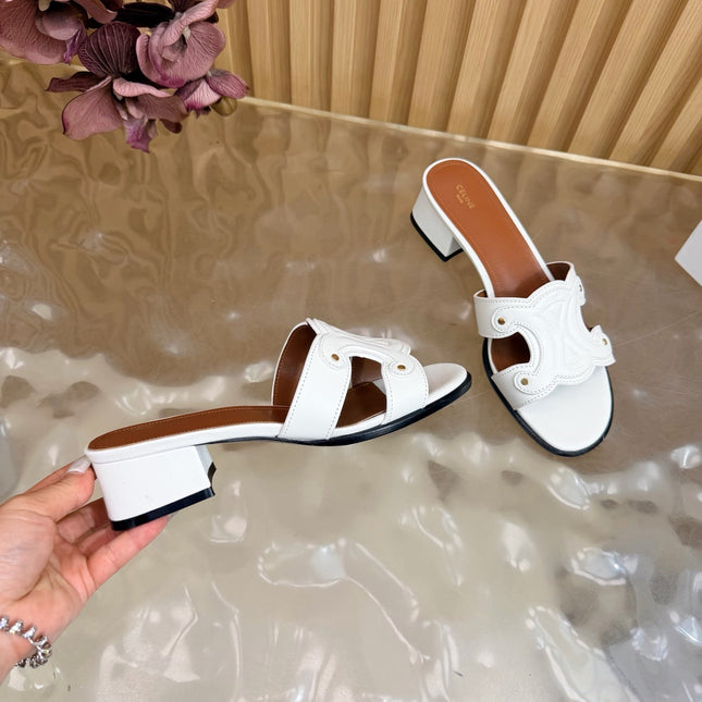 CELINE 26S TRIOMPHE BLOCK HEEL MULES IN WHITE CALFSKIN