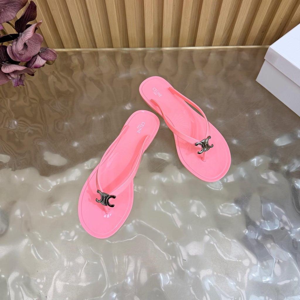 CELINE 26S TRIOMPHE THONG SANDALS IN PINK TPU SILVER HARDWARE