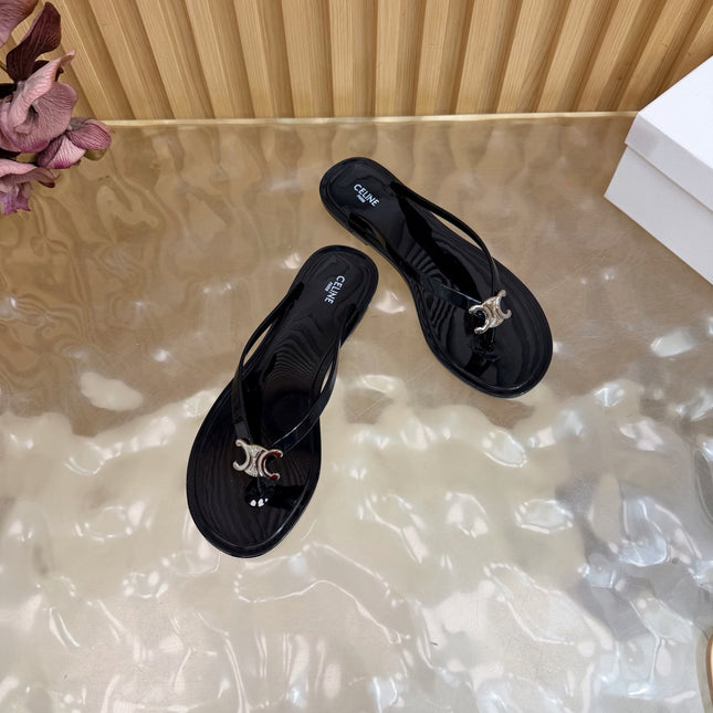 CELINE 26S TRIOMPHE THONG SANDALS IN BLACK TPU SILVER HARDWARE