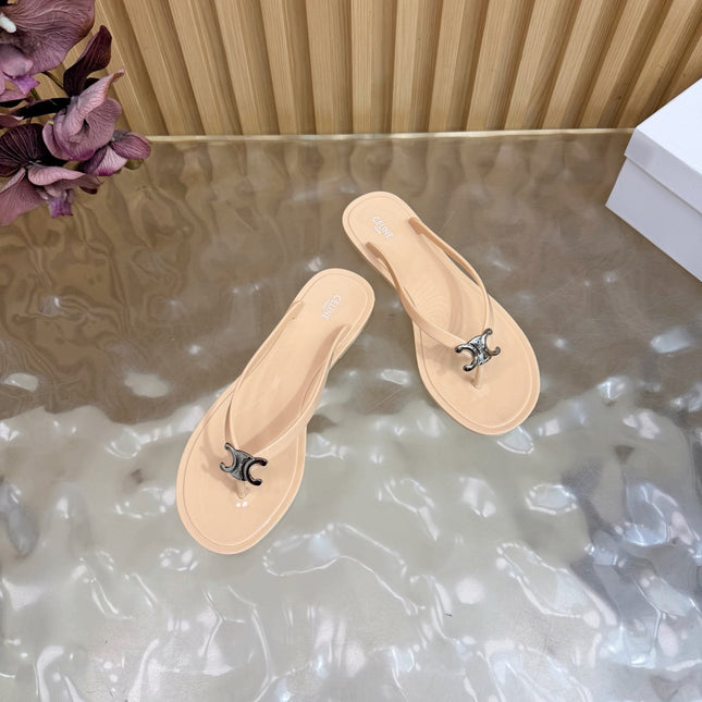 CELINE 26S TRIOMPHE THONG SANDALS IN NUDE BEIGE TPU SILVER HARDWARE