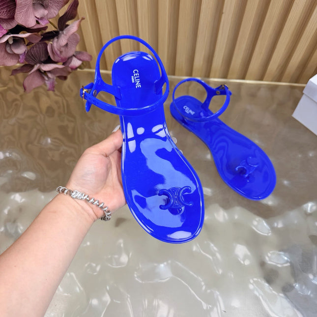 CELINE 26S TRIOMPHE JELLY THONG SANDALS IN DARK BLUE TPU GOLD HARDWARE