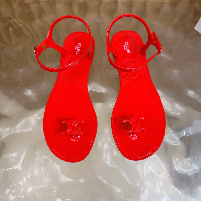 CELINE 26S TRIOMPHE JELLY THONG SANDALS IN BRIGHT RED TPU GOLD HARDWARE