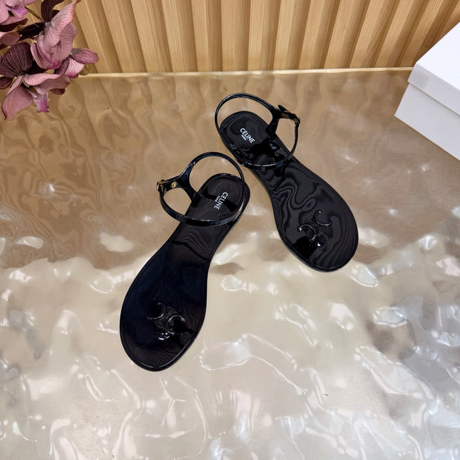 CELINE 26S TRIOMPHE JELLY THONG SANDALS IN BLACK TPU GOLD HARDWARE