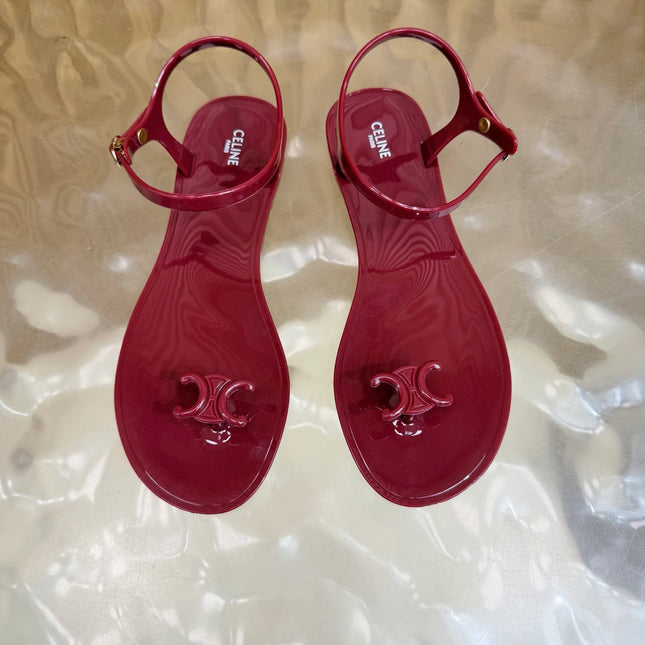 CELINE 26S TRIOMPHE JELLY THONG SANDALS IN BURGUNDY RED TPU GOLD HARDWARE