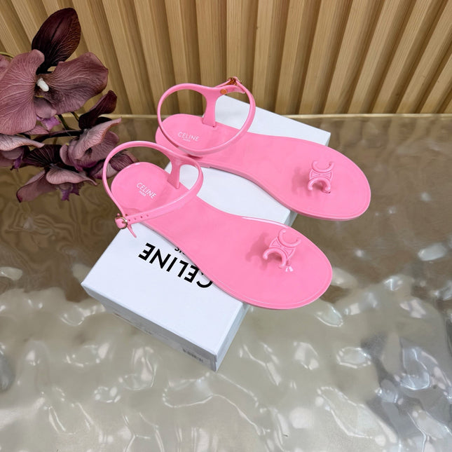 CELINE 26S TRIOMPHE JELLY THONG SANDALS IN PINK TPU GOLD HARDWARE