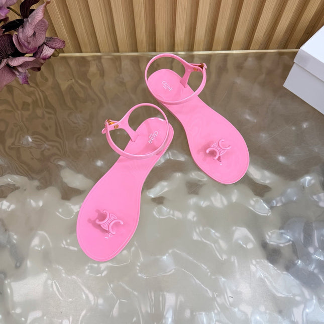 CELINE 26S TRIOMPHE JELLY THONG SANDALS IN PINK TPU GOLD HARDWARE