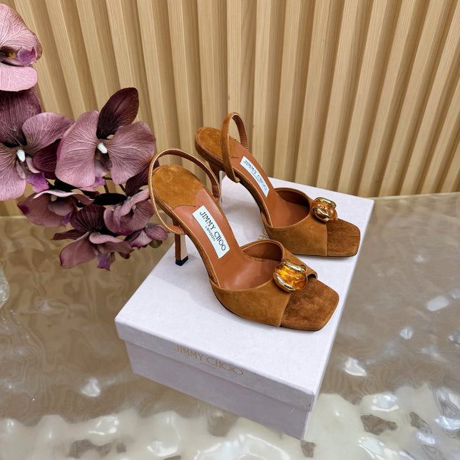 JIMMY CHOO 26S HIGH-HEEL SANDALS 100 MM IN BROWN SUEDE STONE EMBELLISHMENT