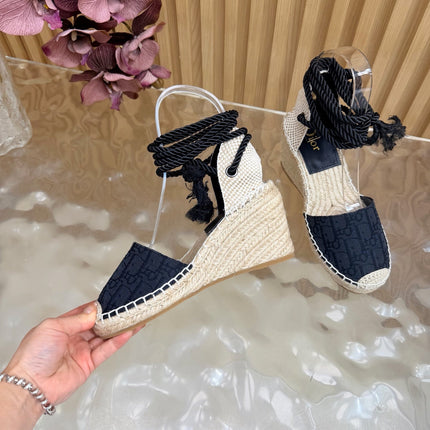 DIOR 26S OBLIQUE LACE-UP WEDGE ESPADRILLE SANDALS IN BLACK EMBROIDERED COTTON