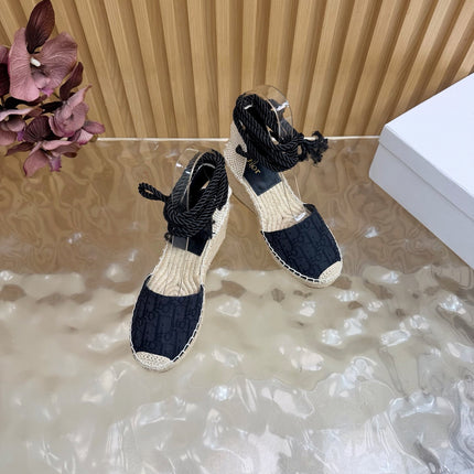 DIOR 26S OBLIQUE LACE-UP WEDGE ESPADRILLE SANDALS IN BLACK EMBROIDERED COTTON