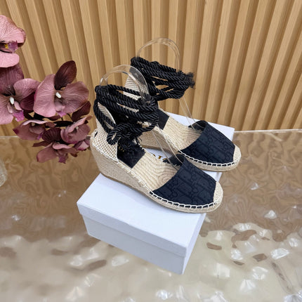 DIOR 26S OBLIQUE LACE-UP WEDGE ESPADRILLE SANDALS IN BLACK EMBROIDERED COTTON