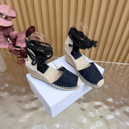 DIOR 26S OBLIQUE LACE-UP WEDGE ESPADRILLE SANDALS IN BLACK EMBROIDERED COTTON