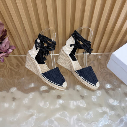DIOR 26S OBLIQUE LACE-UP WEDGE ESPADRILLE SANDALS IN BLACK EMBROIDERED COTTON