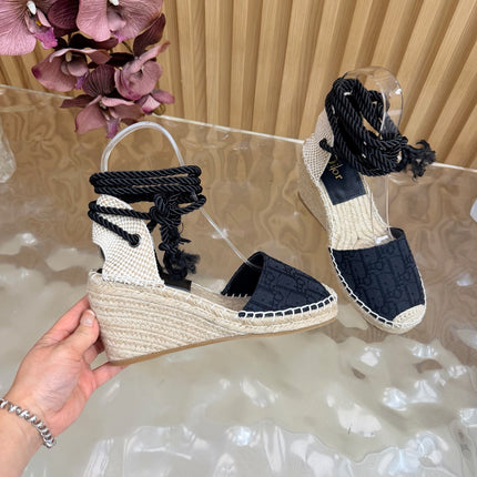DIOR 26S OBLIQUE LACE-UP WEDGE ESPADRILLE SANDALS IN BLACK EMBROIDERED COTTON