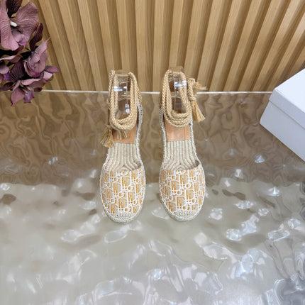 DIOR 26S OBLIQUE LACE-UP WEDGE ESPADRILLE SANDALS IN BEIGE EMBROIDERED COTTON