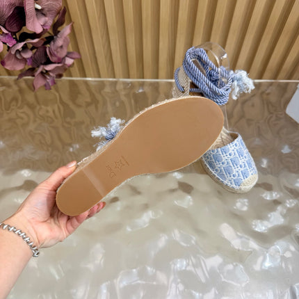 DIOR 26S OBLIQUE LACE-UP WEDGE ESPADRILLE SANDALS IN LIGHT BLUE EMBROIDERED COTTON