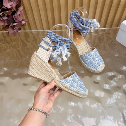 DIOR 26S OBLIQUE LACE-UP WEDGE ESPADRILLE SANDALS IN LIGHT BLUE EMBROIDERED COTTON