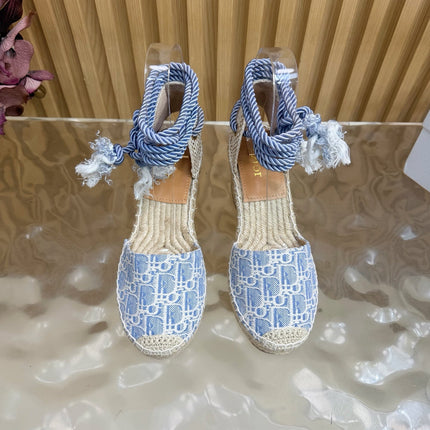 DIOR 26S OBLIQUE LACE-UP WEDGE ESPADRILLE SANDALS IN LIGHT BLUE EMBROIDERED COTTON
