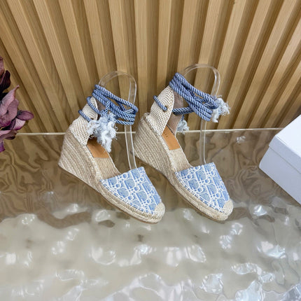 DIOR 26S OBLIQUE LACE-UP WEDGE ESPADRILLE SANDALS IN LIGHT BLUE EMBROIDERED COTTON