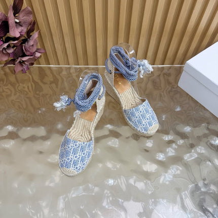 DIOR 26S OBLIQUE LACE-UP WEDGE ESPADRILLE SANDALS IN LIGHT BLUE EMBROIDERED COTTON