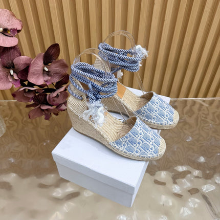 DIOR 26S OBLIQUE LACE-UP WEDGE ESPADRILLE SANDALS IN LIGHT BLUE EMBROIDERED COTTON