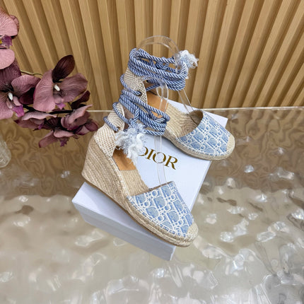 DIOR 26S OBLIQUE LACE-UP WEDGE ESPADRILLE SANDALS IN LIGHT BLUE EMBROIDERED COTTON