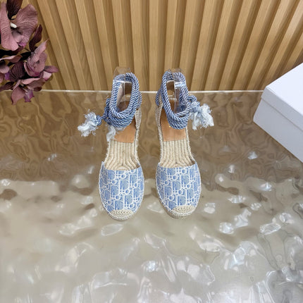 DIOR 26S OBLIQUE LACE-UP WEDGE ESPADRILLE SANDALS IN LIGHT BLUE EMBROIDERED COTTON