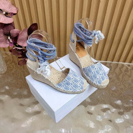 DIOR 26S OBLIQUE LACE-UP WEDGE ESPADRILLE SANDALS IN LIGHT BLUE EMBROIDERED COTTON