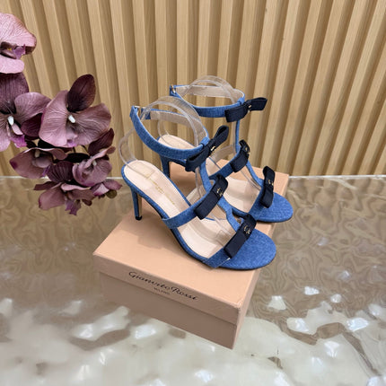 GIANVITO ROSSI 26S BOW STRAP HIGH-HEEL SANDALS 85 MM IN BLUE DENIM