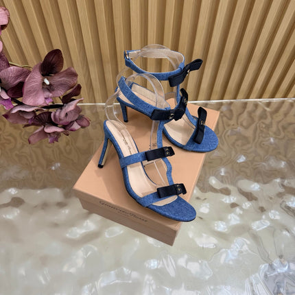 GIANVITO ROSSI 26S BOW STRAP HIGH-HEEL SANDALS 85 MM IN BLUE DENIM
