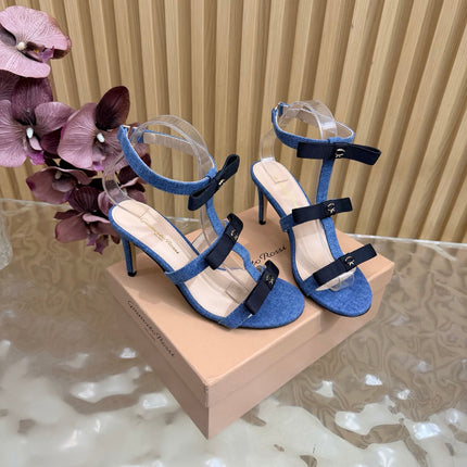 GIANVITO ROSSI 26S BOW STRAP HIGH-HEEL SANDALS 85 MM IN BLUE DENIM