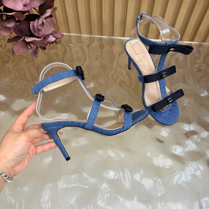 GIANVITO ROSSI 26S BOW STRAP HIGH-HEEL SANDALS 85 MM IN BLUE DENIM