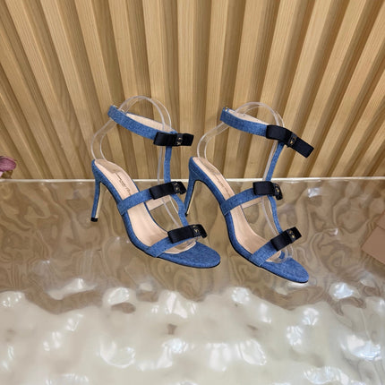 GIANVITO ROSSI 26S BOW STRAP HIGH-HEEL SANDALS 85 MM IN BLUE DENIM