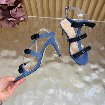GIANVITO ROSSI 26S BOW STRAP HIGH-HEEL SANDALS 85 MM IN BLUE DENIM