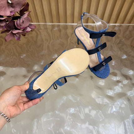 GIANVITO ROSSI 26S BOW STRAP HIGH-HEEL SANDALS 85 MM IN BLUE DENIM