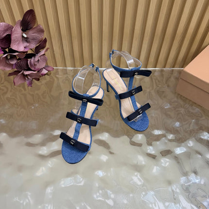 GIANVITO ROSSI 26S BOW STRAP HIGH-HEEL SANDALS 85 MM IN BLUE DENIM