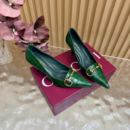 GUCCI 26S HIGH HEELS 65 MM IN DARK GREEN CROC EMBOSSED LEATHER