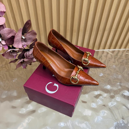 GUCCI 26S HIGH HEELS 65 MM IN COGNAC BROWN CROC EMBOSSED LEATHER