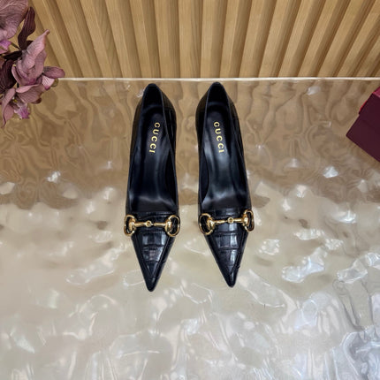 GUCCI 26S HIGH HEELS 65 MM IN BLACK CROC EMBOSSED LEATHER
