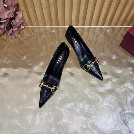 GUCCI 26S HIGH HEELS 65 MM IN BLACK CROC EMBOSSED LEATHER