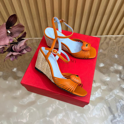 VALENTINO 26S WEDGE SANDAL 85 MM IN ORANGE CALFSKIN