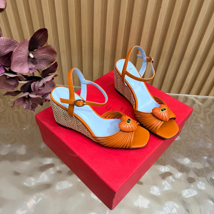 VALENTINO 26S WEDGE SANDAL 85 MM IN ORANGE CALFSKIN