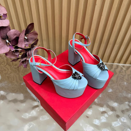 VALENTINO 26S PLATFORM SANDALS 110 MM IN LIGHT BLUE GATHERED CALFSKIN