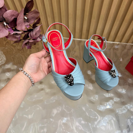VALENTINO 26S PLATFORM SANDALS 110 MM IN LIGHT BLUE GATHERED CALFSKIN