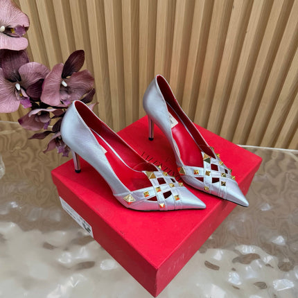 VALENTINO 26S STUDDED POINTED TOE PUMPS 90 MM IN SILVER CALFSKIN