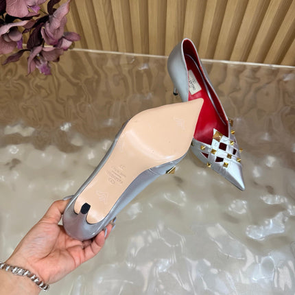 VALENTINO 26S STUDDED POINTED TOE PUMPS 90 MM IN SILVER CALFSKIN