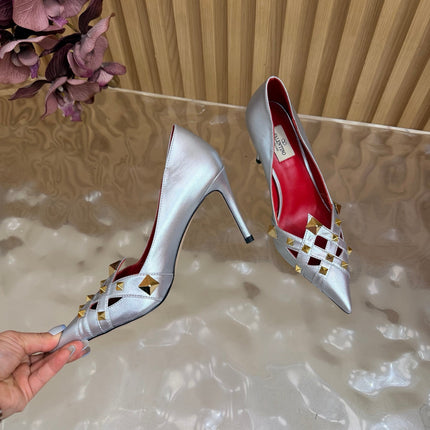 VALENTINO 26S STUDDED POINTED TOE PUMPS 90 MM IN SILVER CALFSKIN