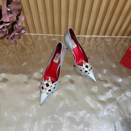 VALENTINO 26S STUDDED POINTED TOE PUMPS 90 MM IN SILVER CALFSKIN