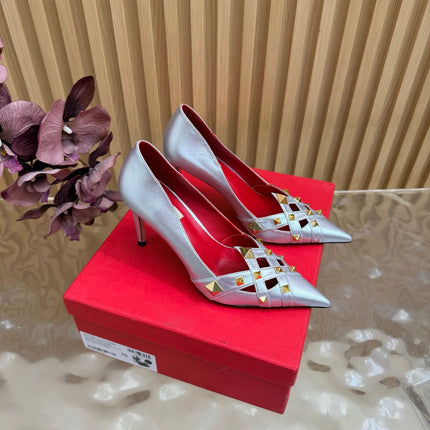 VALENTINO 26S STUDDED POINTED TOE PUMPS 90 MM IN SILVER CALFSKIN