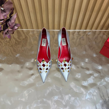VALENTINO 26S STUDDED POINTED TOE PUMPS 90 MM IN SILVER CALFSKIN